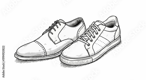 Two contrasting shoes, one dress shoe and one sneaker, are rendered in black and white ink