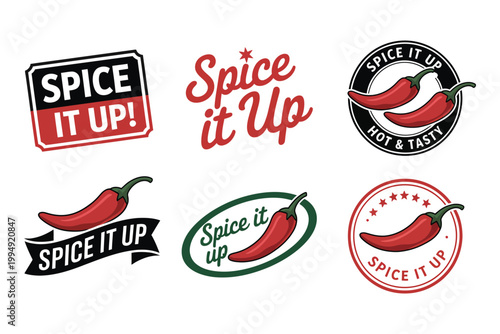 Spice it up logos featuring red chili pepper designs with bold typography for spicy food branding identity concepts.