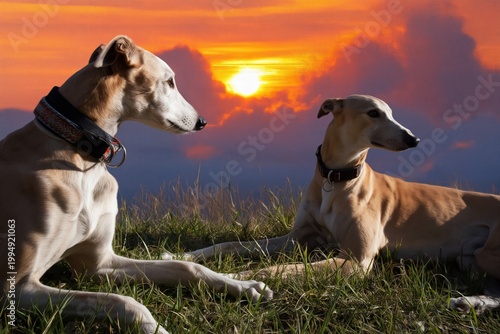 Two Dogs Enjoy Sunset View on Grassy Hilltop in the Evening Sky