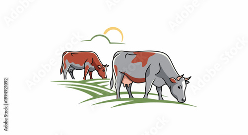 Two cows graze in a field under a stylized sun and green hills