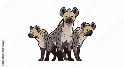 Three spotted hyenas with distinct features stand together, depicted in a stylized, graphic art form
