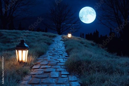 Pathway Lit by Lanterns Under a Bright Moon in a Quiet Landscape at Night
