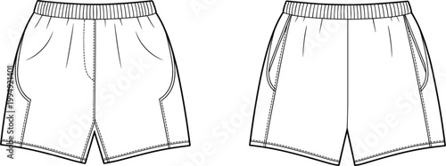 Men athletic shorts template front and back view outline sportswear apparel vector design