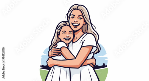 Two joyful women embrace, one adult and one child, in a loving hug