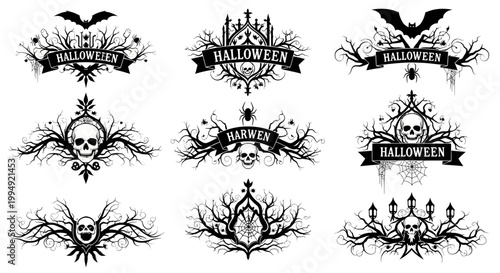 Halloween Gothic Ornament Vector Set, Dark Decorative Frames and Spooky Design Elements