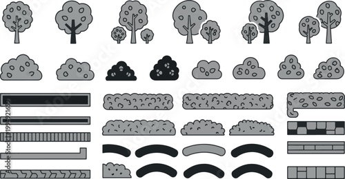 Landscape Design Elements Set with Trees Bushes Shrubbery and Garden Borders Architecture Icons