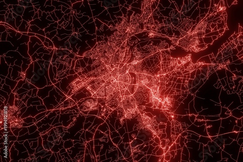 Tableau sur toile Street map of Lubeck (Germany) made with red illumination and glow effect