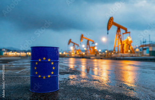 Oil barrel with European Union flag in industrial refinery Europe
