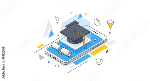 Online Education Concept: Isometric Smartphone Illustration with Graduation Cap and Diploma Scroll for Mobile Learning, E-learning, and Digital Degrees
