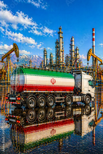 Oil tanker truck with Iran flag in Middle East refinery Iran