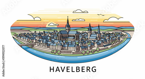 Stylized pixelated townscape with river, churches, and sunset over hills