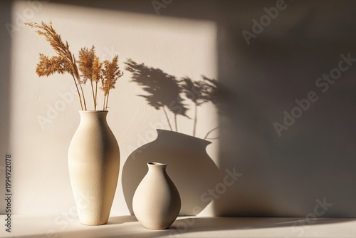 Vases With Dry Plants Casting Shadows on a Wall in a Bright Room During the A...