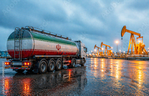 Oil tanker truck with Iran flag in Middle East refinery Iran