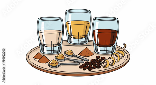 Three glasses of liquid, spoons with honey, coffee beans, and citrus peels