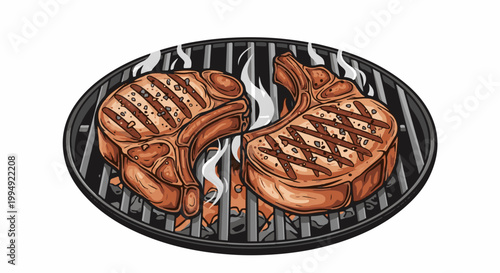 Two juicy pork chops sizzling on a hot grill with smoke rising