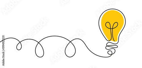 Minimalist vector illustration of a light bulb at the end of a long, looping continuous line. Represents the journey to a great idea, patience in the creative process