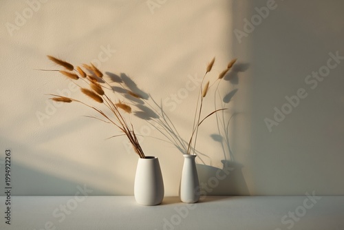 Two White Vases With Dried Flowers Casting Shadows on a Beige Wall in Afterno...