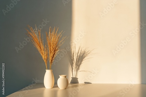 Vases With Dried Plants Casting Shadows on a Wall in a Well-Lit Room