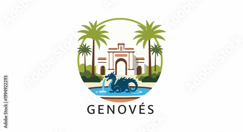 Tropical scene with dragon fountain, palm trees, and archway