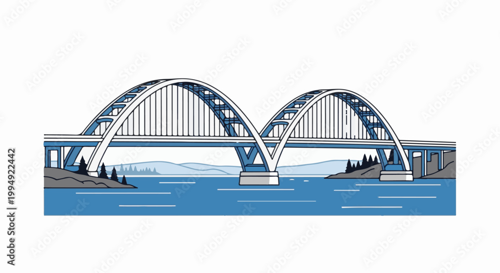 Fototapeta premium Twin arch bridge spanning a blue river with distant hills and trees