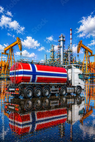 Oil tanker truck with Norway flag in Norway oil refinery