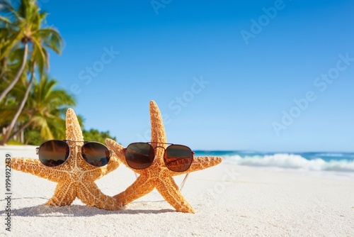 Starfish Wearing Sunglasses on a Sandy Beach With Ocean and Palm Trees in the...