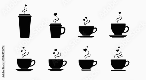 Black silhouette icons of coffee cups with heart steam, including travel cups and traditional mugs, for cafe and coffee shop applications