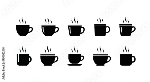 Professional coffee and tea cup icons with various shapes and steam details for office kitchen signs or cafe web design flat vector elements on white background