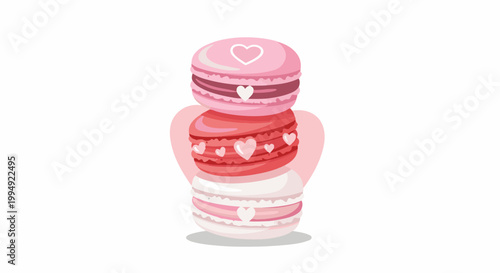 Sweet, stacked, heart-decorated macarons in shades of pink and red