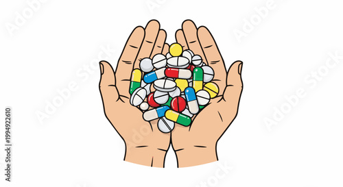 Two cupped hands holding a pile of various colorful pills and capsules