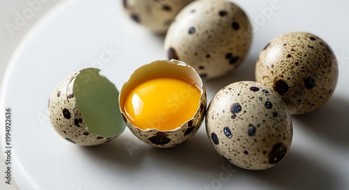 Fresh Quail Eggs with One Cracked Bright Orange Yolk on White Plate