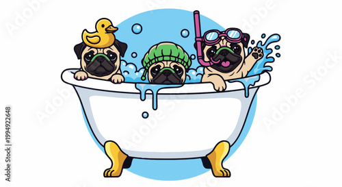 Three cute pugs in a bathtub, two with hats, one with snorkel gear, playing