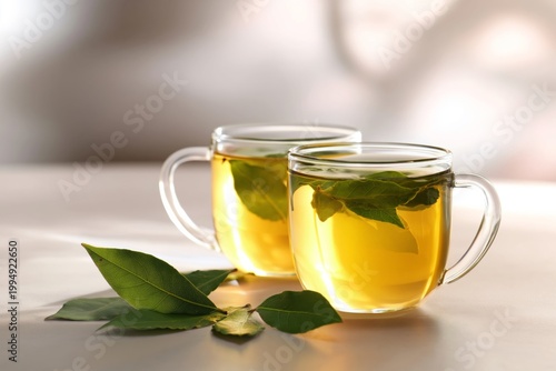 Two Clear Cups With Herbal Tea and Leaves on Table at Home in Sunlight During...
