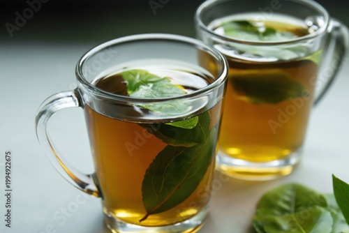 Warm Drink With Fresh Leaves in Clear Glass Cups on a Simple Surface