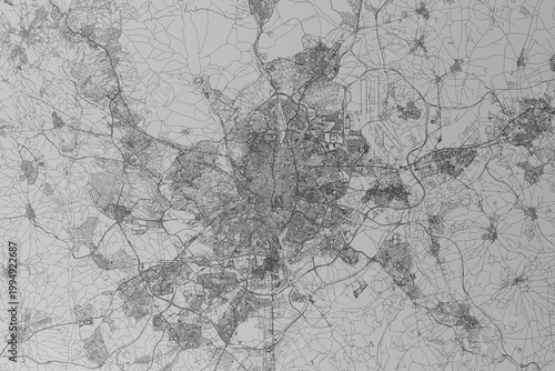 Map of the streets of Madrid (Spain) made with black lines on grey paper. Top view. 3d render, illustration