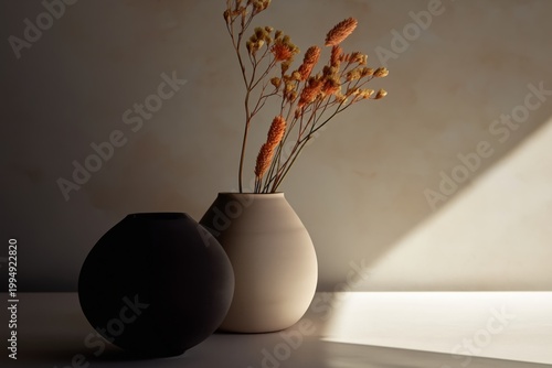 Vases With Dried Flowers Placed on a Table in Warm Light From the Window Duri...
