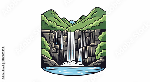 Stylized waterfall cascading down rocky cliffs into a serene blue pool