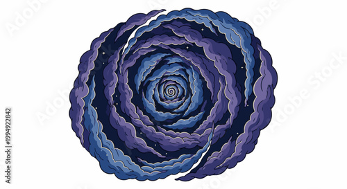 Swirling vortex of purple and blue clouds against a dark, starry sky