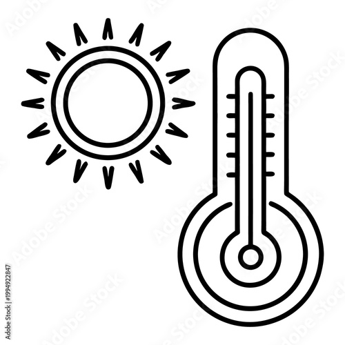 Simple line art icons of a bright sun and a thermometer indicating hot weather.