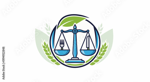 Symbol of balance with scales, cutlery, and leaves, representing fairness and food