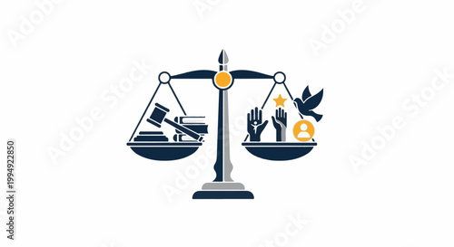 Symbolic scales of justice, law, and peace with gavel, books, hands, star, bird, and person icon