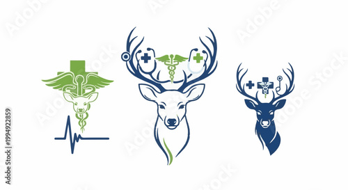 Three deer heads with medical symbols on their antlers and a heartbeat line below one