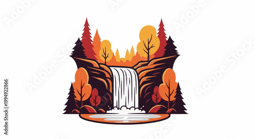 Stylized waterfall scene with autumnal trees and rocky terrain