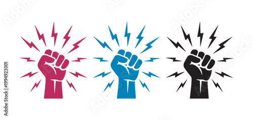 Fist knocking impact icon set, hand hit gesture outline in red blue black variations for alert notification door knock action vector illustration