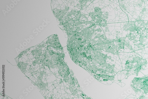 Map of the streets of Liverpool (UK) made with green lines on white paper. 3d render, illustration
