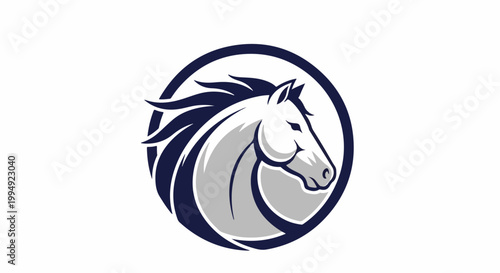 Stylized white horse head with flowing mane, within a dark blue circle outline