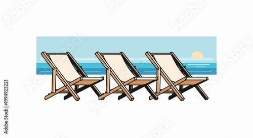 Three empty deck chairs wait on a beach, facing calm ocean waves and a setting sun