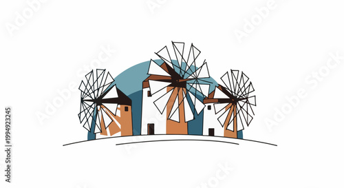 Stylized windmills in warm hues against a teal abstract shape