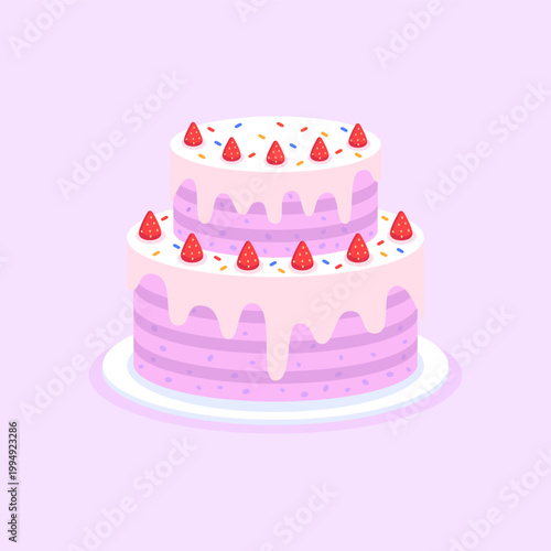 Stylized delicious pink cakes on plate top view vector illustration