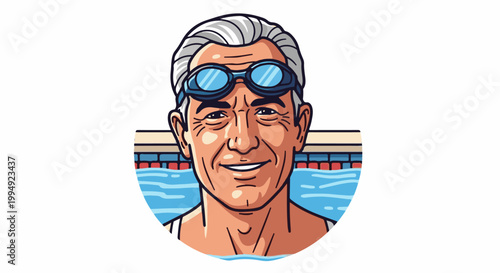 Stylized portrait of a smiling, older male swimmer wearing goggles, with a pool in the background
